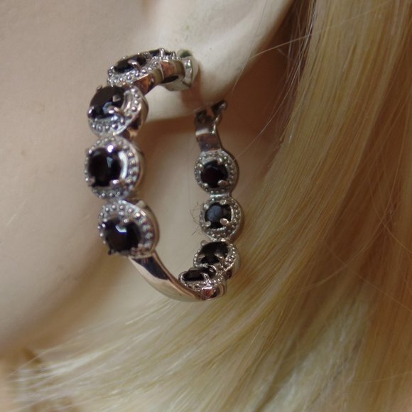 Unbranded Stainless Steel Black Spinel & Sparkling CZ Hoop Earrings Apx 1.5" 10G - Picture 11 of 13